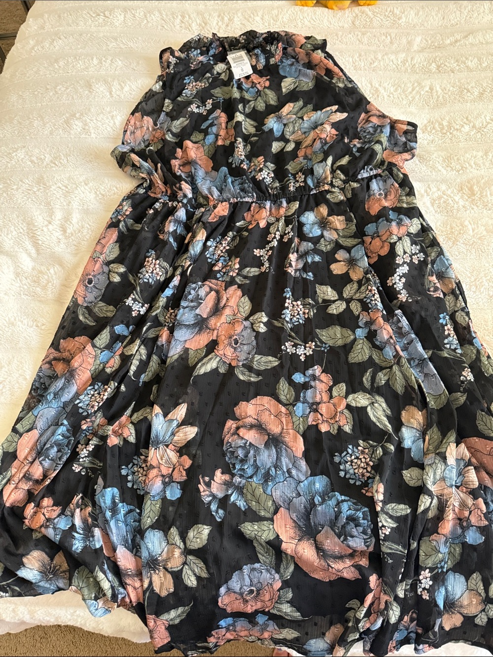 torrid Black Floral Ruffle-Sleeve Casual Dress with Blue and Peach Blooms